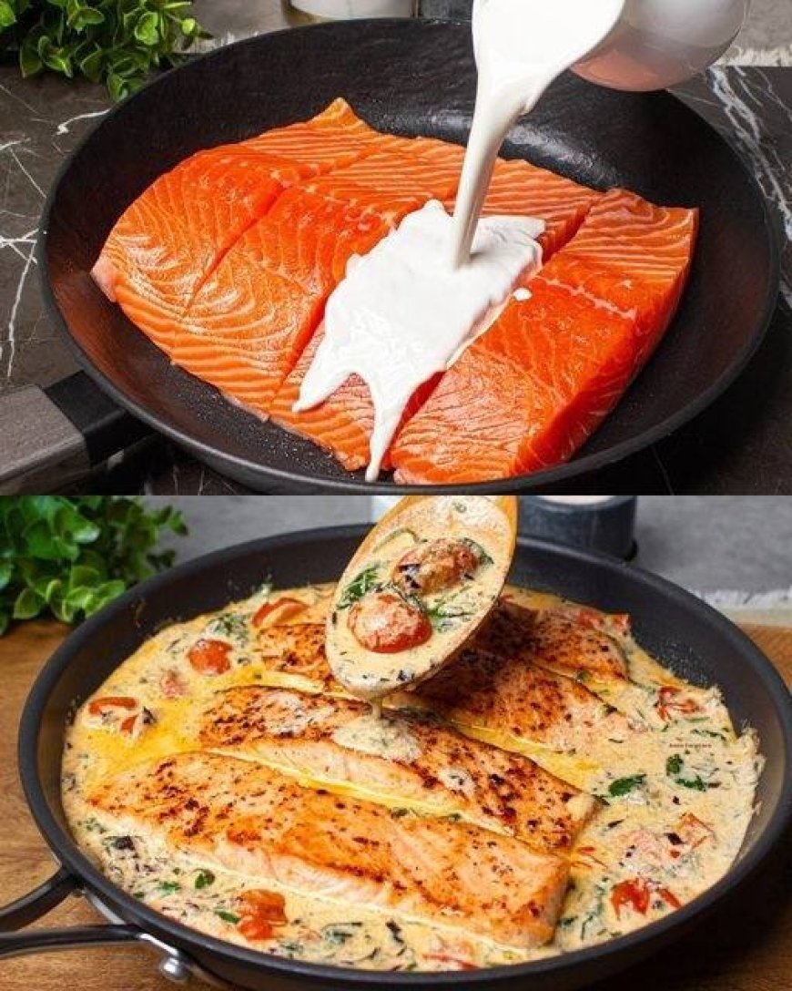 Knoblauchlachs in cremiger Soße mit Spinat und Kirschtomaten